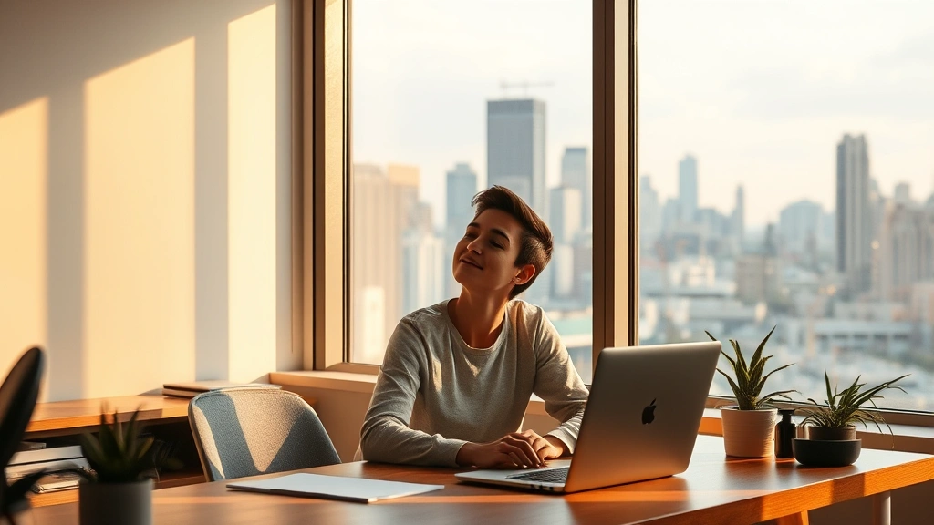 A person sitting peacefully at a desk with city skyline visible through the window, warm natural lighting, serene and focused expression, minimalist workspace with plants