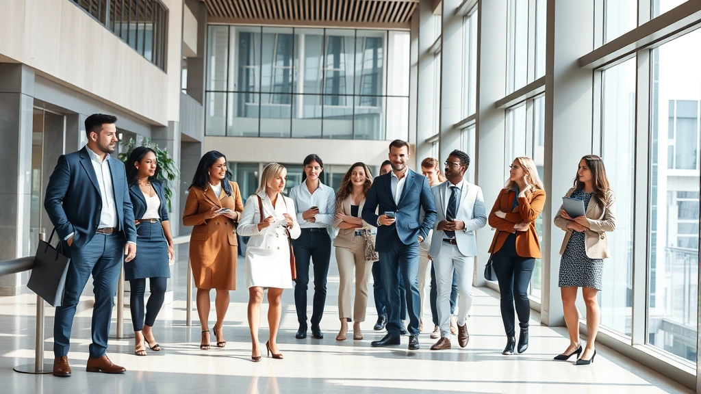 A diverse group of professionals in a modern office building lobby, natural light streaming through large windows, relaxed body language, diverse ethnicities and ages, modern urban architecture