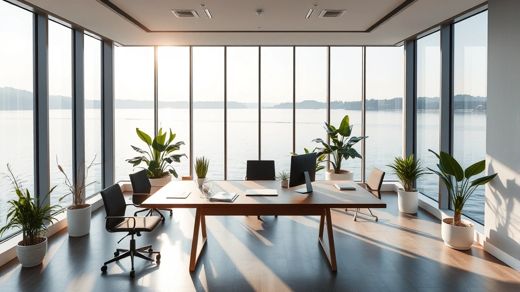 Serene modern workspace with floor-to-ceiling windows overlooking calm water, natural light streaming across wooden desk with minimal clutter, potted plants in corners, peaceful and professional atmosphere