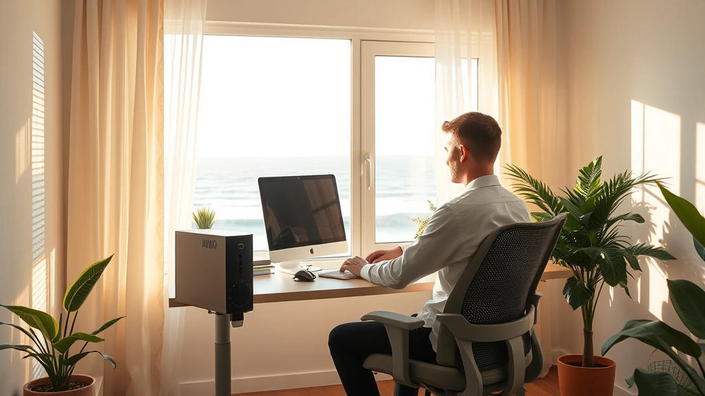 Person sitting at ergonomic desk surrounded by natural elements, soft afternoon sunlight creating warm ambiance, air purifier quietly operating nearby, ocean breeze visible through open window with gentle curtains