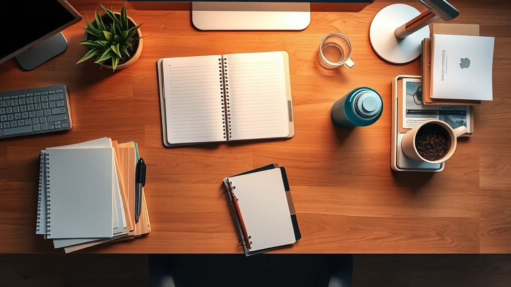 Overhead view of organized workspace with notebook, water bottle, and desk plant, natural wood surfaces, soft diffused lighting creating calm environment, organized storage minimizing visual distractions