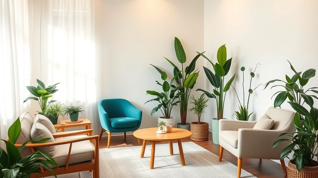 Peaceful therapy office interior with comfortable seating, soft lighting, and plants creating a calm, welcoming environment for mental health consultation