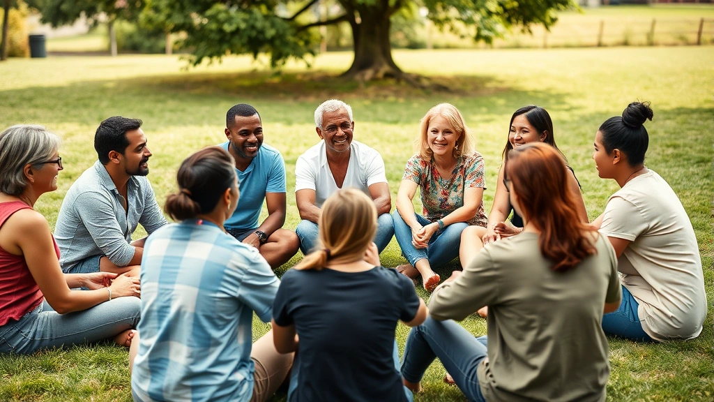 Diverse group of people in a community wellness circle, sitting together outdoors on grass, engaged in supportive conversation with genuine expressions of connection