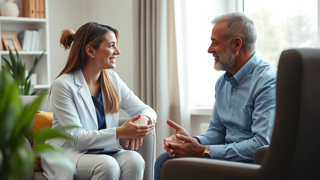 Professional counselor and client in warm conversation during therapy session, seated in comfortable space with natural window light, conveying trust and understanding