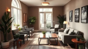 Serene waiting room with comfortable seating, soft lighting, plants, and calming earth tones creating welcoming therapeutic environment