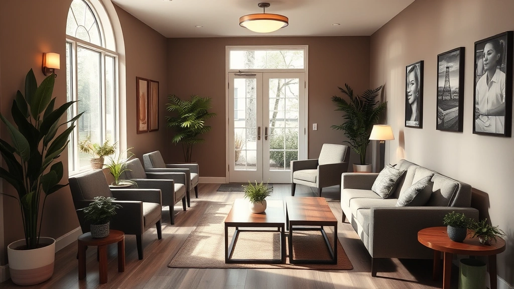 Serene waiting room with comfortable seating, soft lighting, plants, and calming earth tones creating welcoming therapeutic environment