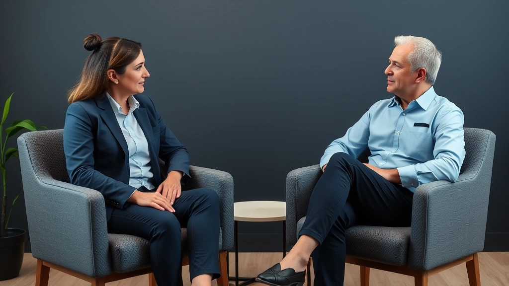 Professional therapist and client in counseling session, sitting in comfortable chairs during constructive conversation, focused expressions