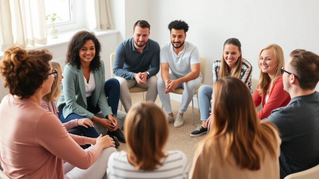 Diverse group of people in supportive circle during group therapy session, seated together showing community and connection without showing faces clearly
