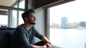 Peaceful person sitting by waterfront window, natural light streaming in, contemplative expression, urban waterfront view visible outside