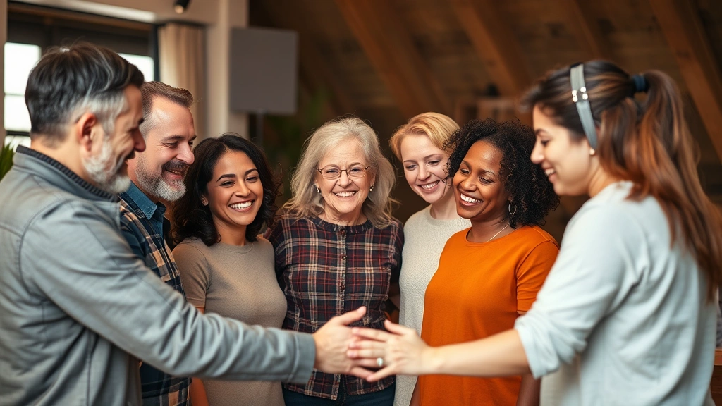 Diverse group of people in supportive circle during community gathering, warm indoor lighting, genuine connection and comfort visible