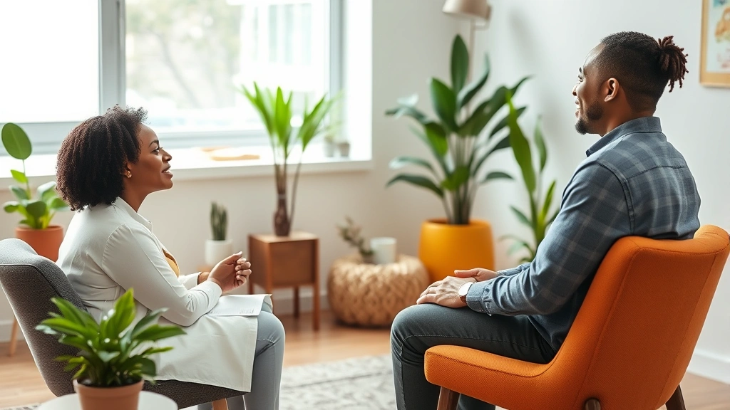 Professional diverse mental health counselor sitting across from patient in modern therapeutic office with natural light, warm colors, plants, comfortable seating, genuine therapeutic conversation taking place
