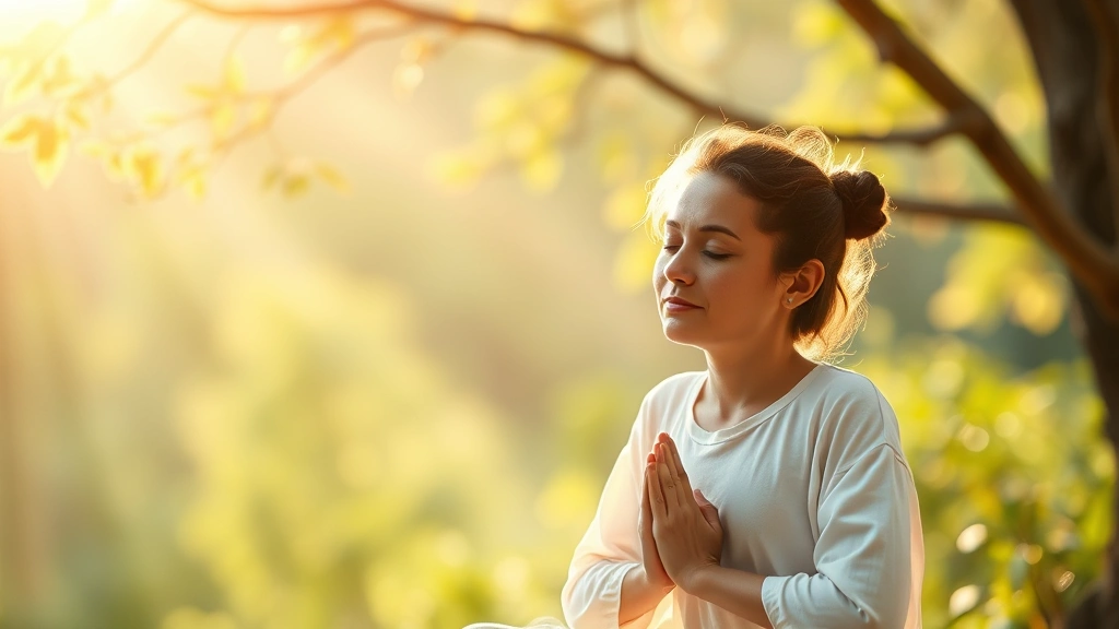 Peaceful meditation or mindfulness moment showing person in serene setting with soft natural lighting, peaceful expression, calm environment suggesting mental wellness and psychological balance