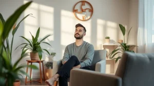 A serene individual sitting in a comfortable therapy office space with soft natural lighting, plants, and calming colors, looking peaceful and contemplative during a counseling session