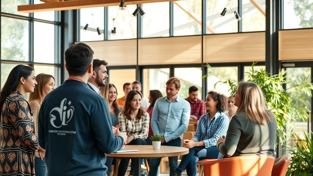 Diverse group of people in a modern community center, engaged in discussion and collaboration, natural lighting from large windows, warm and inclusive atmosphere