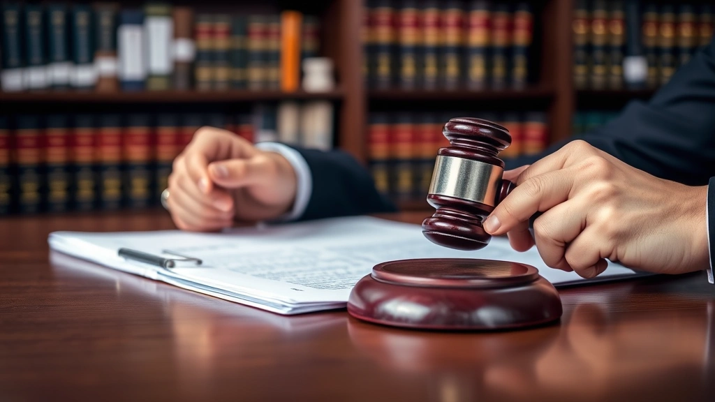 Close-up of hands holding a gavel and legal documents on a wooden desk, with blurred bookshelves of law books in background, professional legal setting