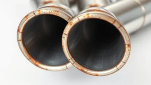 Close-up of precision-welded mandrel-bent exhaust header tubing showing smooth internal passages and perfect seams, metallic finish reflecting light, isolated on neutral background