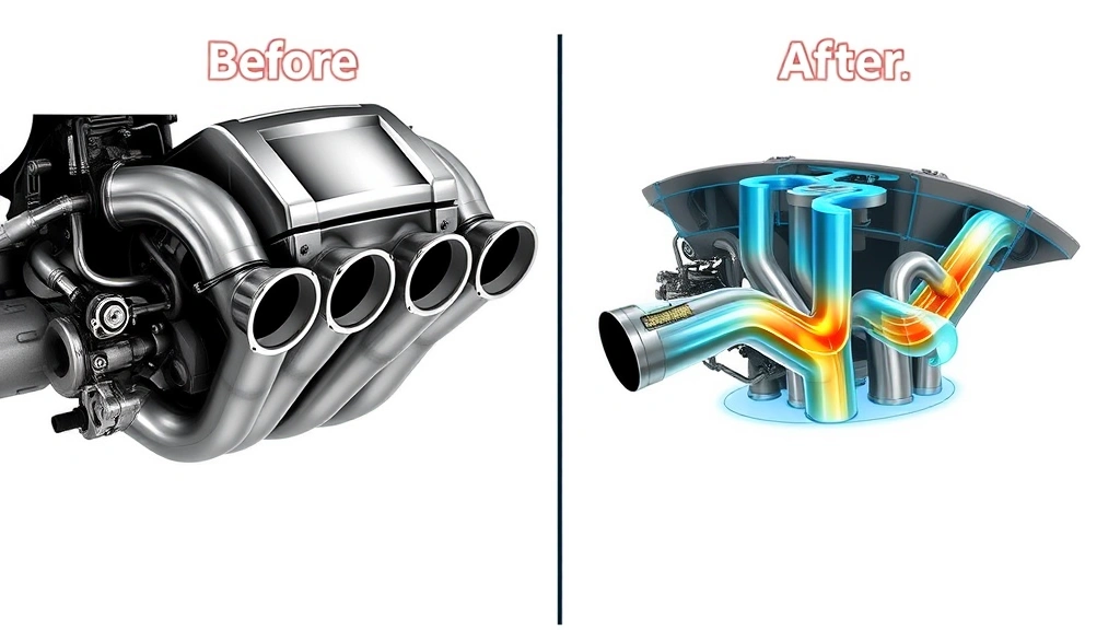 Before and after comparison showing factory restrictive exhaust manifold versus smooth equal-length performance header design, technical cutaway view highlighting flow optimization