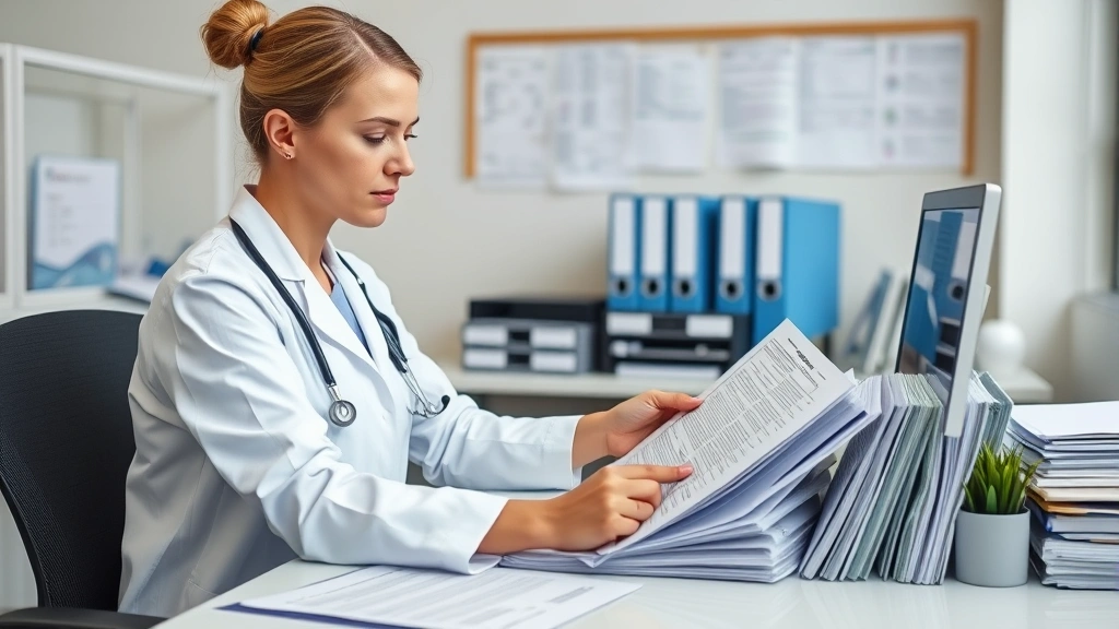 Healthcare professional reviewing patient files and insurance documentation at desk, organized medical records, professional clinical workspace environment