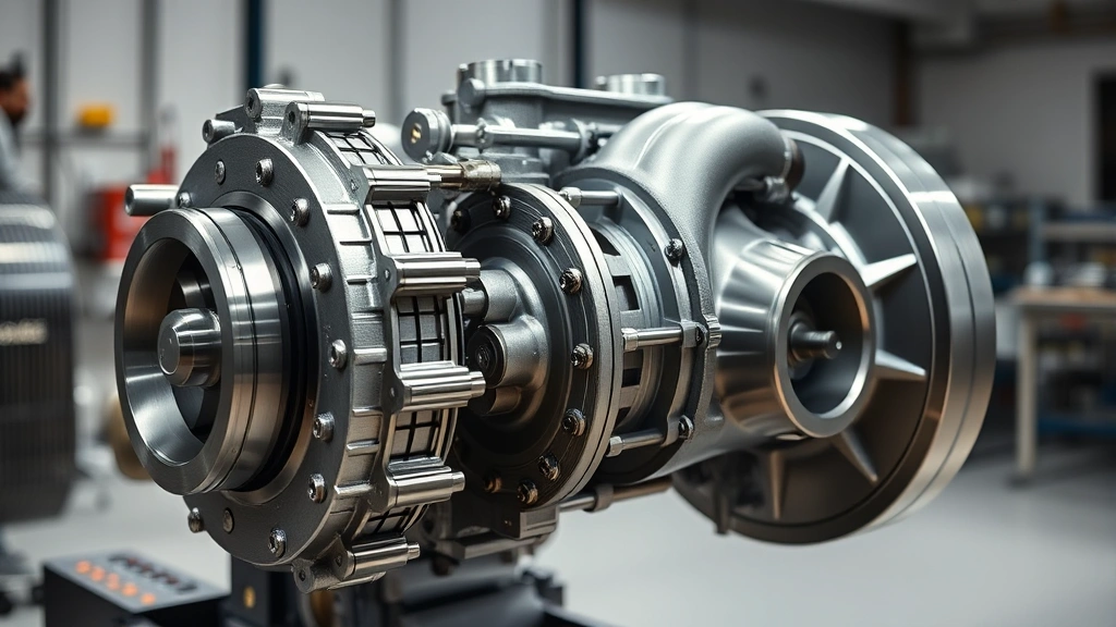 Professional diesel engine turbocharger assembly with precision mechanical components, metallic finishes, and complex engineering details visible in studio lighting