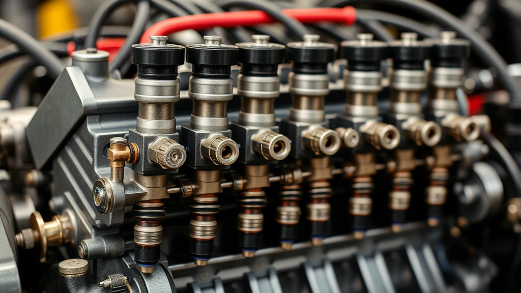 High-performance diesel fuel injector system with multiple injectors mounted on engine block, showing detailed mechanical precision and industrial craftsmanship