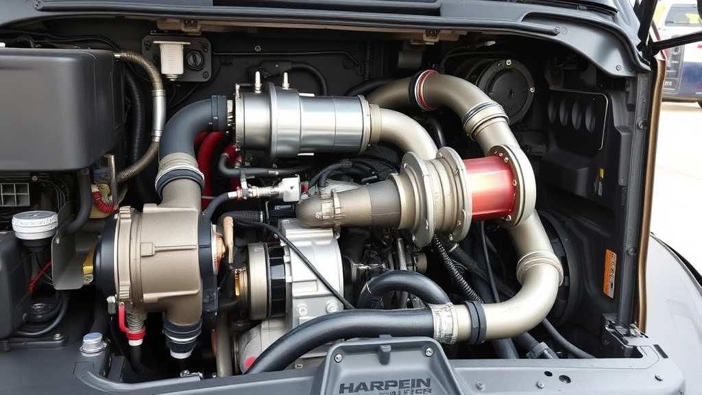 Diesel truck engine bay during performance modification installation, showing upgraded turbocharger system with intercooler piping and boost lines clearly visible
