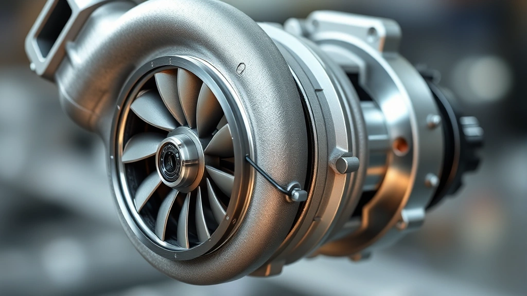 Precision diesel turbocharger component cross-section showing internal blade geometry and bearing assembly, photorealistic technical detail, metallic finishes, shallow depth of field