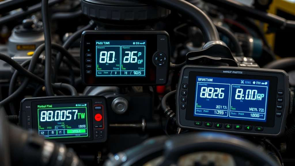Modern engine control module and diagnostic equipment displaying real-time boost pressure and fuel rail pressure data on illuminated screens, technical environment