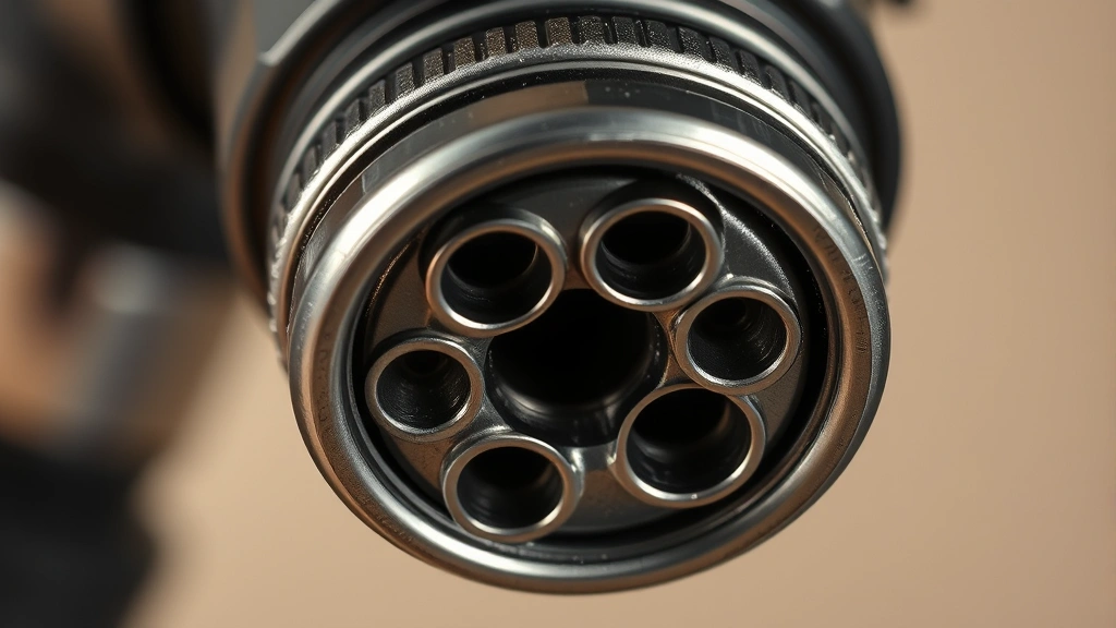 High-flow fuel injector nozzle showing multiple precision spray holes with metallic sheen, extreme close-up detail against neutral background, photorealistic macro photography