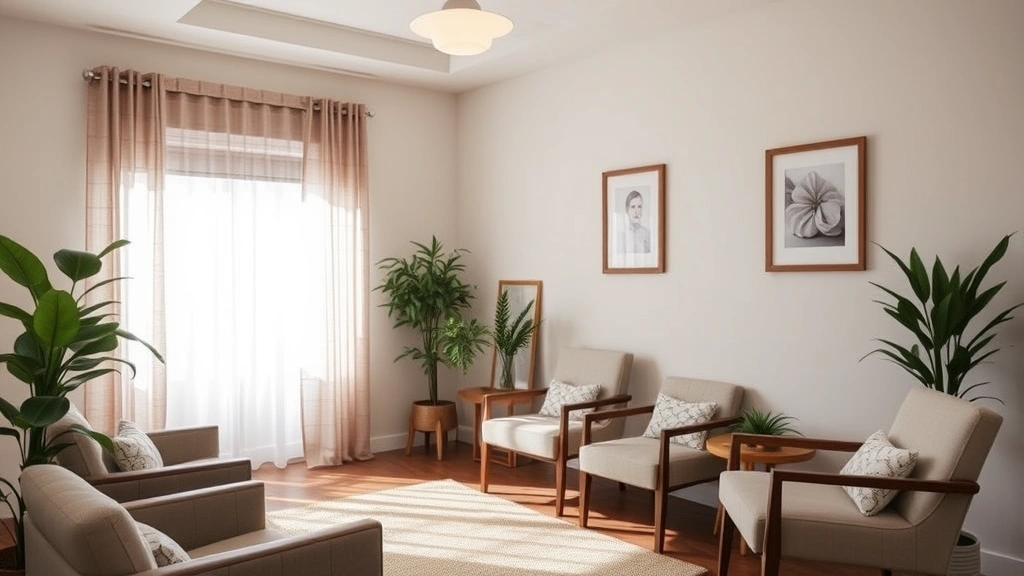 Peaceful therapy office with comfortable seating, natural light, and calming neutral tones, no people visible, serene and welcoming environment