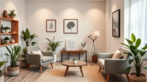 Peaceful therapy office interior with comfortable seating, soft lighting, and calming plants, professional and welcoming atmosphere for mental health counseling sessions