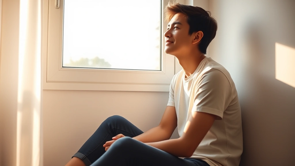 Person sitting peacefully by a window during daylight, looking contemplative and hopeful, natural lighting highlighting a moment of mental clarity and self-reflection
