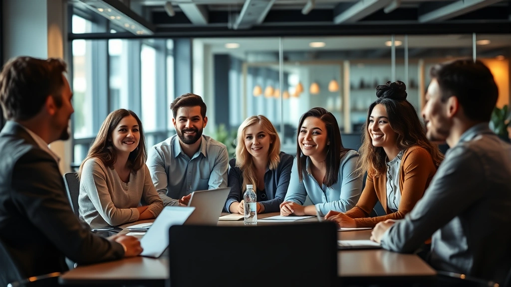 Diverse group of professionals in a collaborative meeting space, looking engaged and supportive, warm lighting and modern office setting