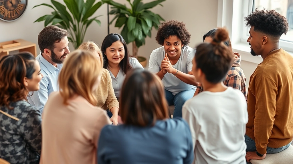 Diverse group of people in a supportive circle during a group therapy session, engaged and connected, showing community and mutual support in mental health recovery