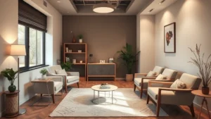 Peaceful therapy office interior with comfortable seating, soft lighting, and calming neutral colors, no text or signage visible