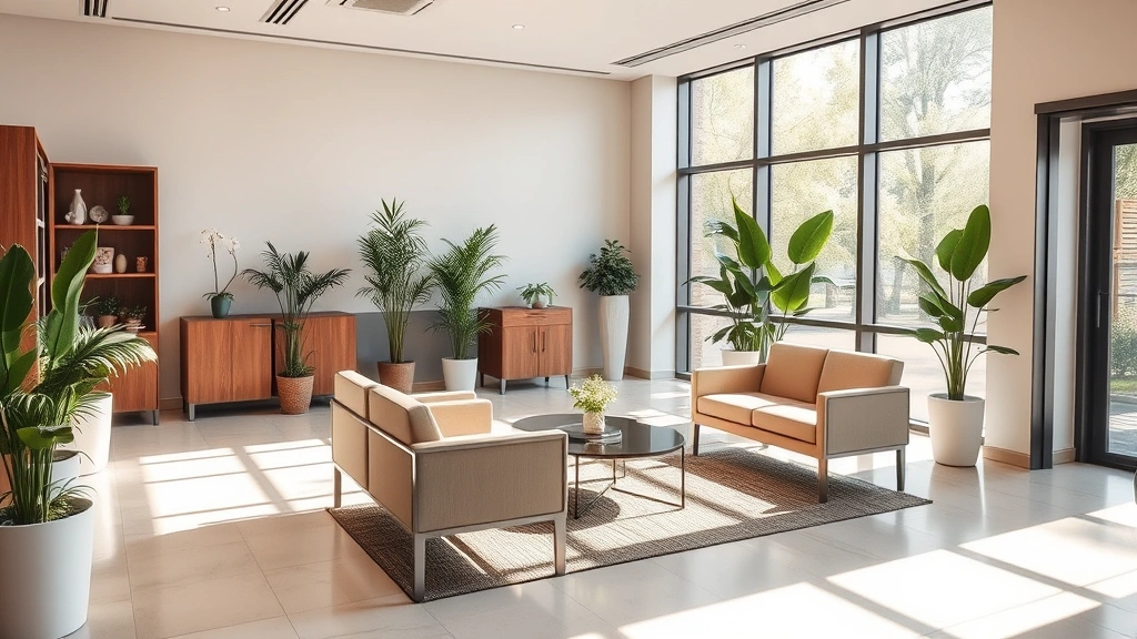 Modern medical clinic waiting room with welcoming atmosphere, comfortable furniture, plants, and natural light streaming through windows
