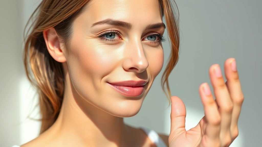 A woman in her 30s examining her glowing skin in natural sunlight, with visible skin radiance and smooth complexion texture, professional skincare setting