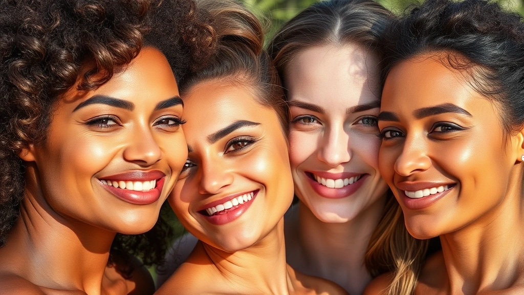 A diverse group of people with visibly healthy, luminous skin tones displaying natural radiance and skin texture improvement, outdoor natural lighting