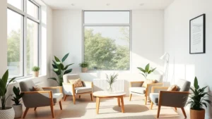 Calm professional therapy office with natural lighting, comfortable seating, plants, and minimalist decor creating safe therapeutic environment without text or identifiable people