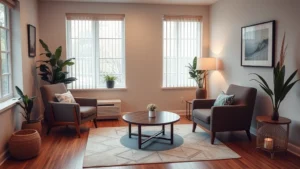 Peaceful therapy office with comfortable seating, soft lighting, and calming neutral tones creating a safe welcoming environment for mental health conversations