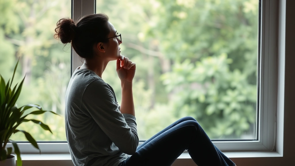Person sitting thoughtfully by a window looking out at nature, representing introspection, personal growth, and the mental clarity that comes from professional support