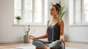 Person sitting in meditation pose on a peaceful indoor setting, calm focused expression, natural lighting through windows, minimalist background with plants