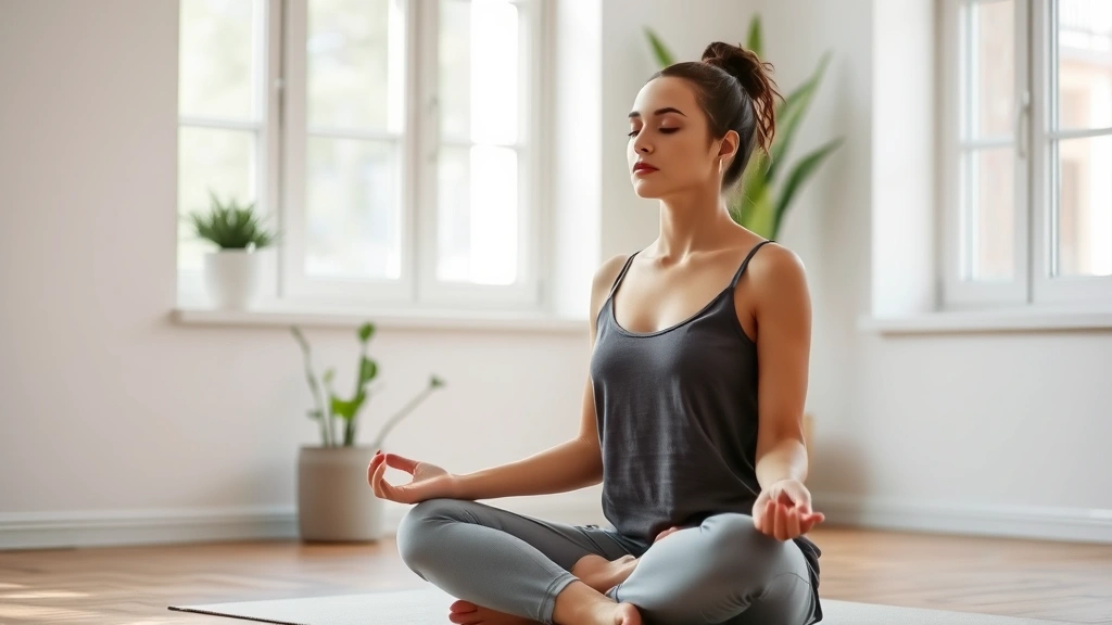 Person sitting in meditation pose on a peaceful indoor setting, calm focused expression, natural lighting through windows, minimalist background with plants