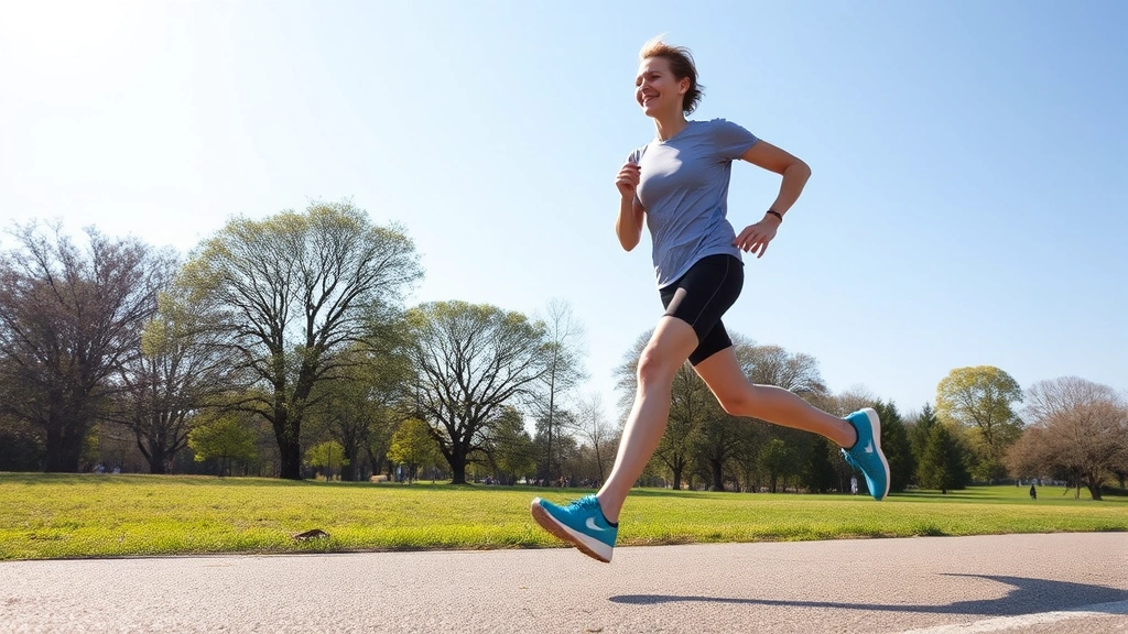 Someone jogging outdoors on a sunny day through a park, athletic posture, clear sky, trees in background, capturing active movement and energy