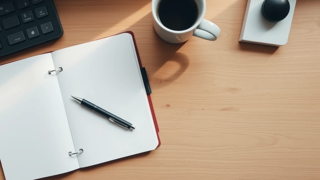 Overhead view of a journal, pen, and coffee cup on a wooden desk with soft natural lighting, organized workspace suggesting planning and reflection