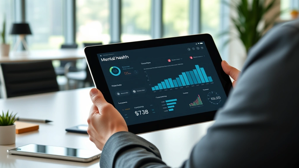 Professional workspace with person using tablet showing mental health dashboard interface with charts and wellness metrics, modern office background, natural lighting