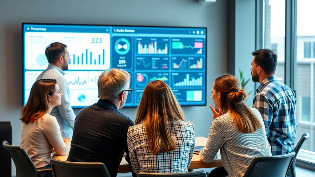 Diverse group of people in collaborative setting reviewing health data on large screen display, contemporary office environment, focus on teamwork and wellness