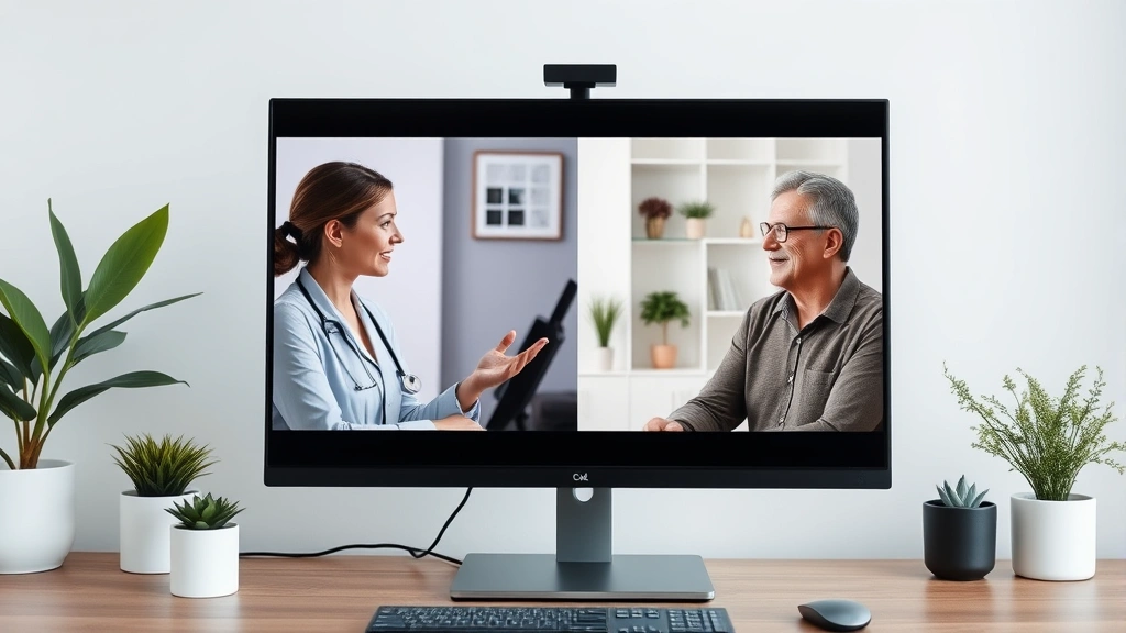 Therapist and patient in virtual telehealth session on computer screen, split view showing both participants, professional clinical setting aesthetic
