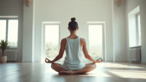 Person sitting peacefully in meditation pose in a modern minimalist room with soft natural light streaming through large windows, conveying inner calm and mental clarity