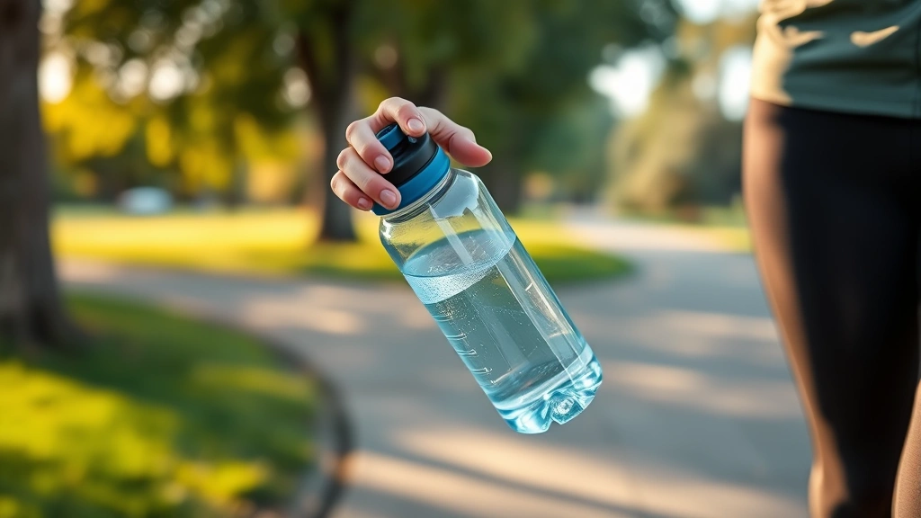 Close-up of someone's hands holding a water bottle during a morning jog in a park, emphasizing active behavioral choices and healthy lifestyle habits