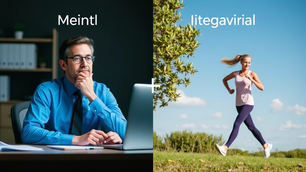 Split-screen conceptual image showing someone at a desk looking thoughtful on one side and someone exercising outdoors on the other, symbolizing mental and behavioral health integration